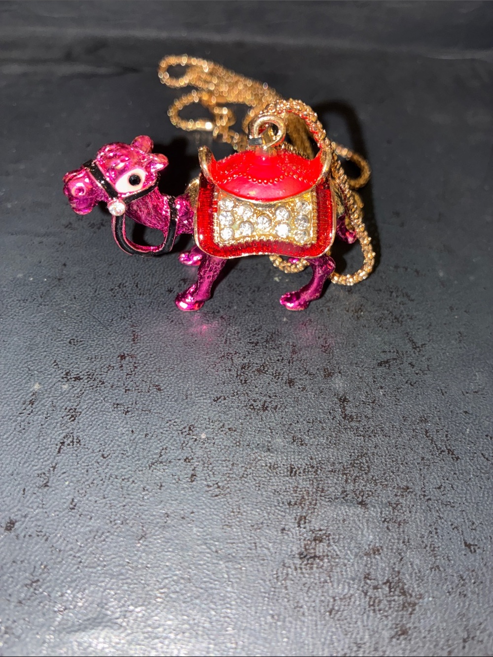 Camel Pink Enamel Pendant Necklace with Clear Crystals On The Saddle. Stands